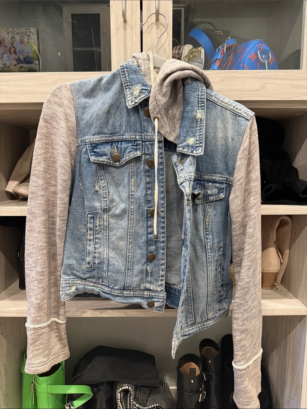 Free People Light Wash Denim Jacket with Heathered Taupe Hoodie Sleeves